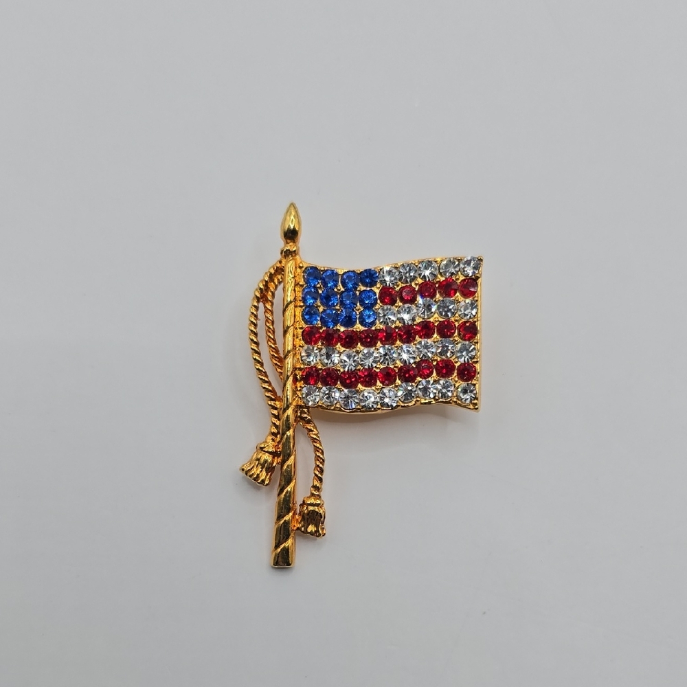 Vintage OTC American Flag Red Blue & Clear Rhinestones Patriotic Brooch